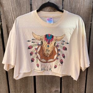 Women's Vintage Hanes T-Shirt Beige Arizona Mystical Cowhead Mid-Riff XL STAIN
